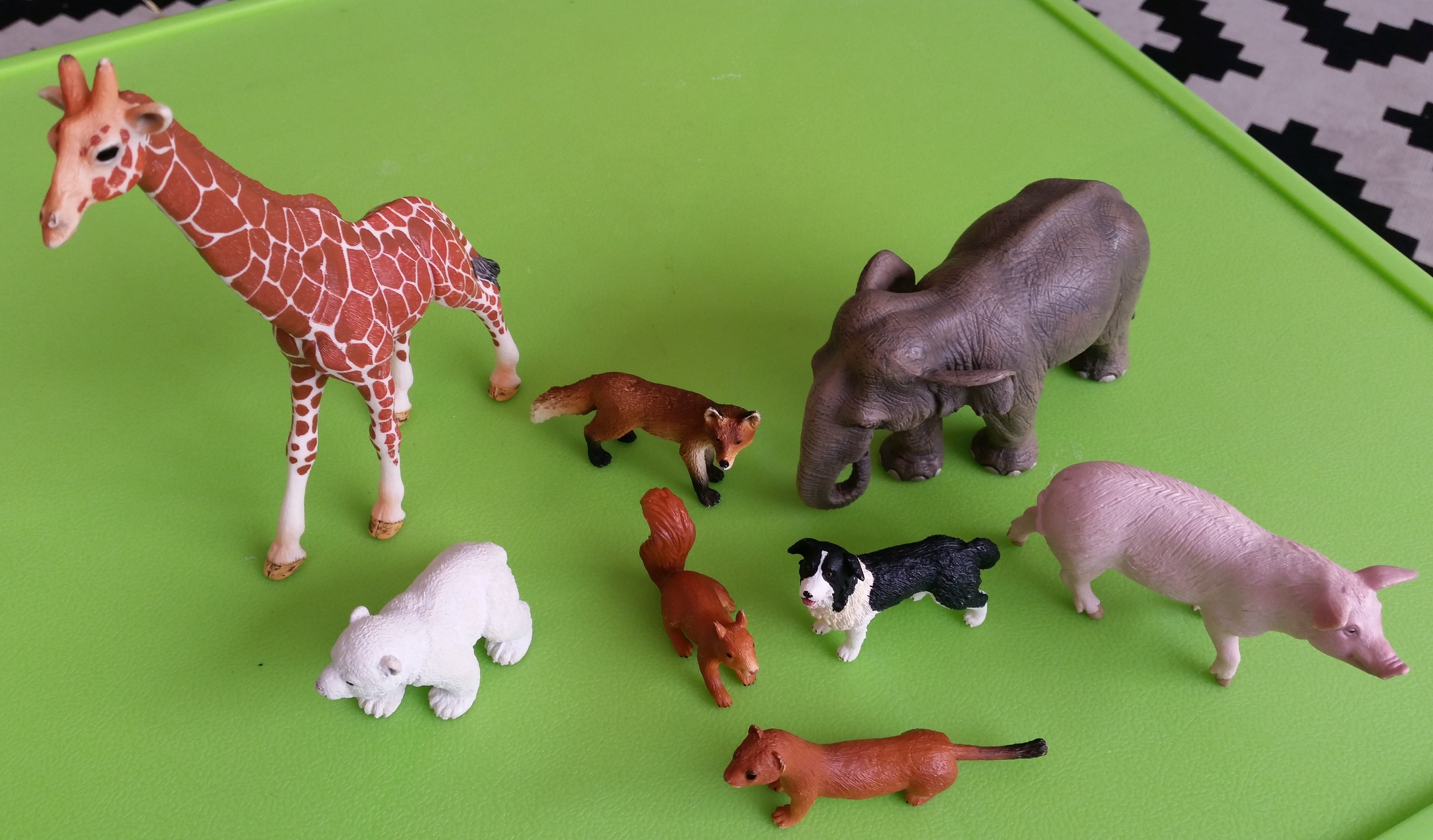 A set of toy animals arranged randomly: a dog, a giraffe, a ferret or stoat, a fox, a squirrel, a pig, an elephant and a polar bear