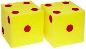A pair of die or dice, yellow with red dots
