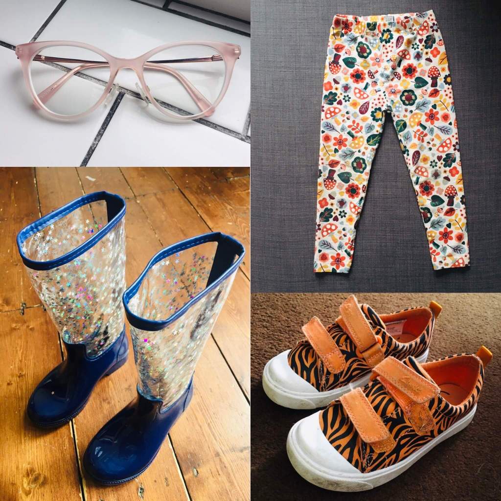 A collage of four 'pairs - a pair of leggings, a pair of trainers, a pair of wellington boots and a pair of spectacles
