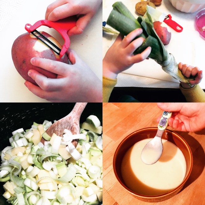 A montage of a preschool child preparing leek and potato soup