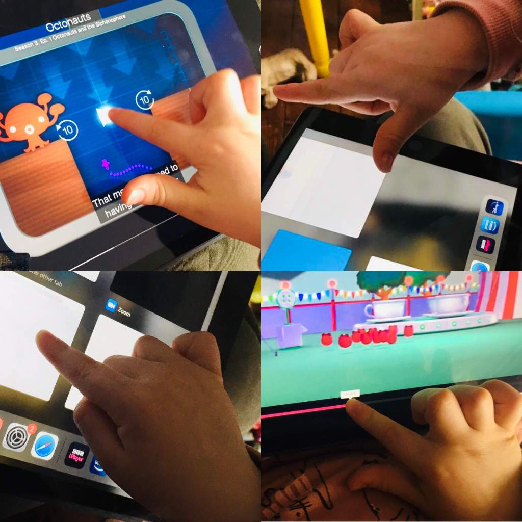 A series of images show how a girl swipes, scrolls and flicks on an iPad