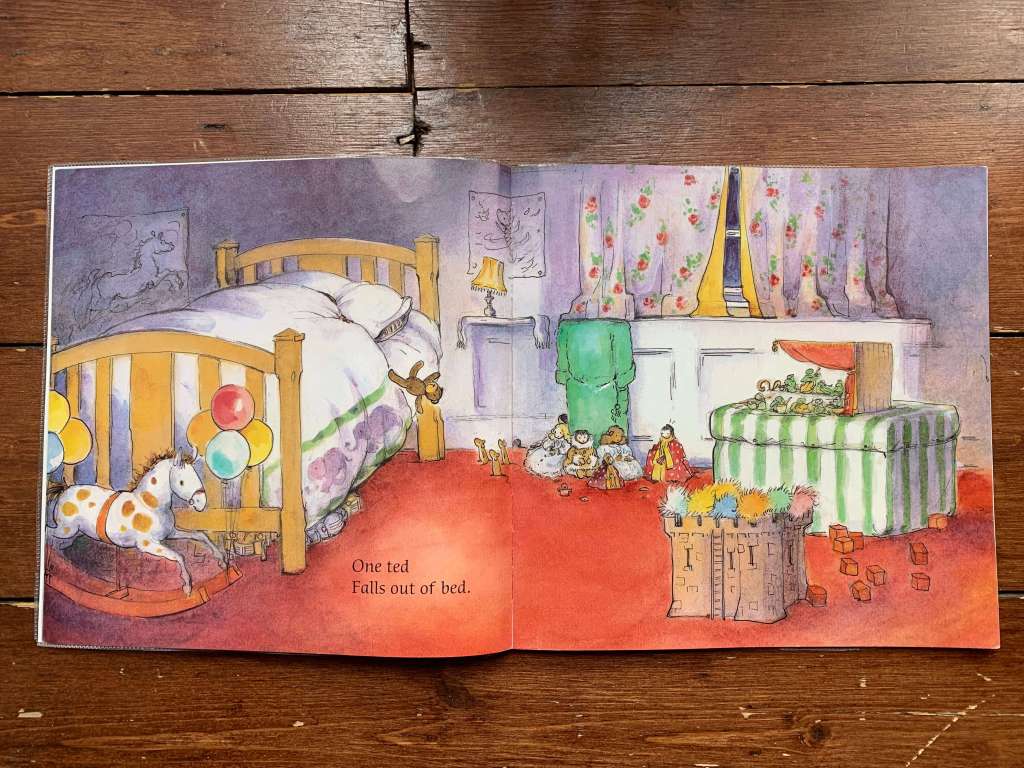 A spread from the children's book for One Ted Falls Out Of Bed (written by Julia Donaldson and illustrated by Anna Currey)
