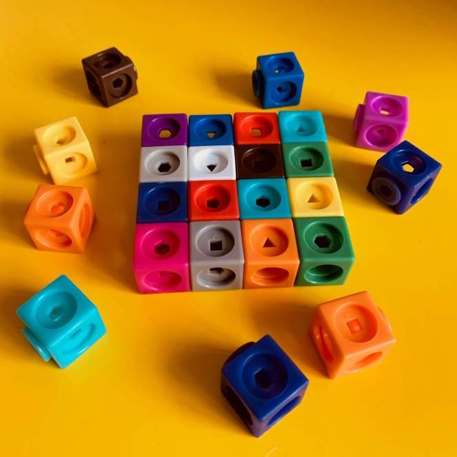 A 4x4 square made of Mathlink Cubes
