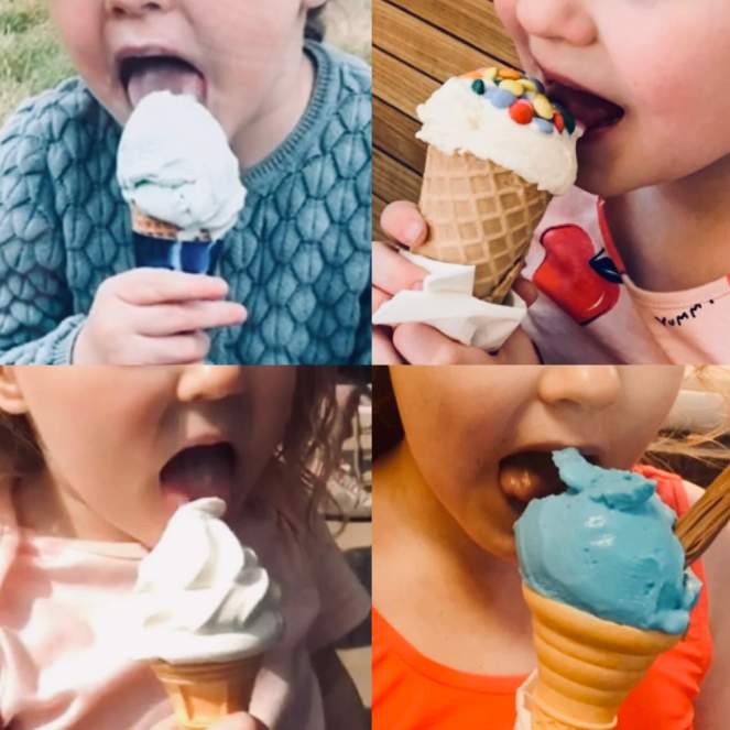A montage of images of the same child holding different ice cream cones on different occasions