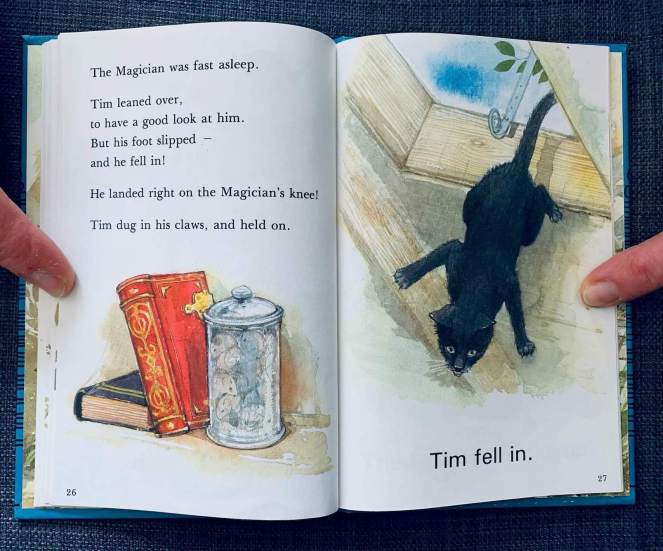 A page spread from the Puddle Lane book Tim Catchamouse, published by Ladybird, showing text suitable for an adult and suitable for a child on facing pages