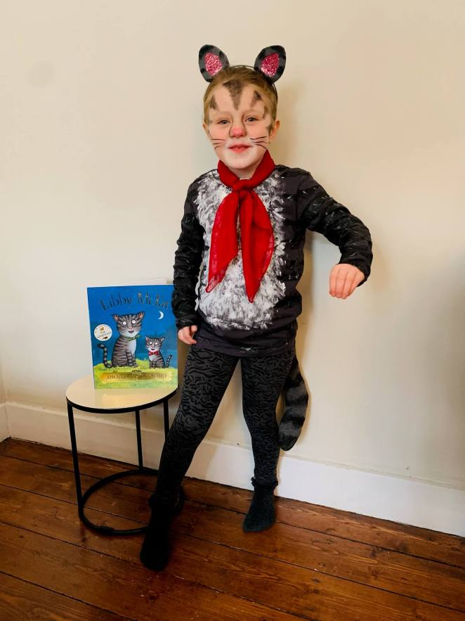 A second image of a child dressed as Samuel Sprat from Julia Donaldson and Axel Scheffler's picture book Tabby McTat, for World Book Day