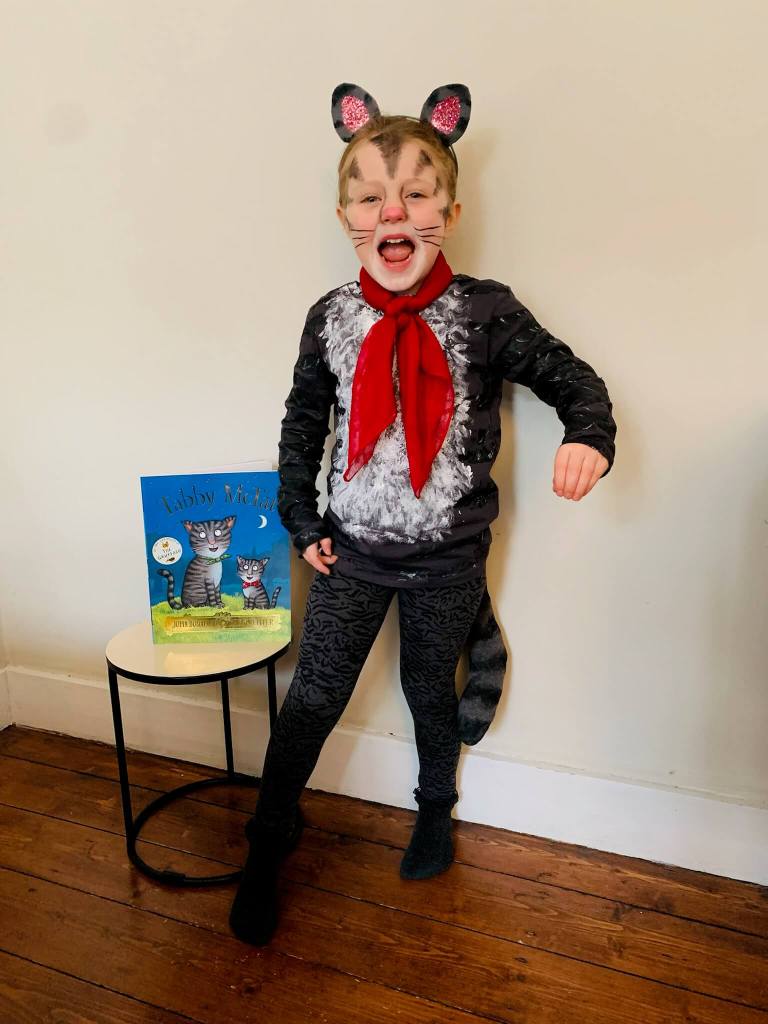 A child dressed as Samuel Sprat from Julia Donaldson and Axel Scheffler's picture book Tabby McTat, for World Book Day