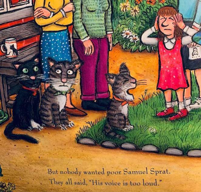 An image of Samuel Sprat singing too loudly from the picture book 'Tabby McTat', by Julia Donaldson and Axel Scheffler, included under fair use rules