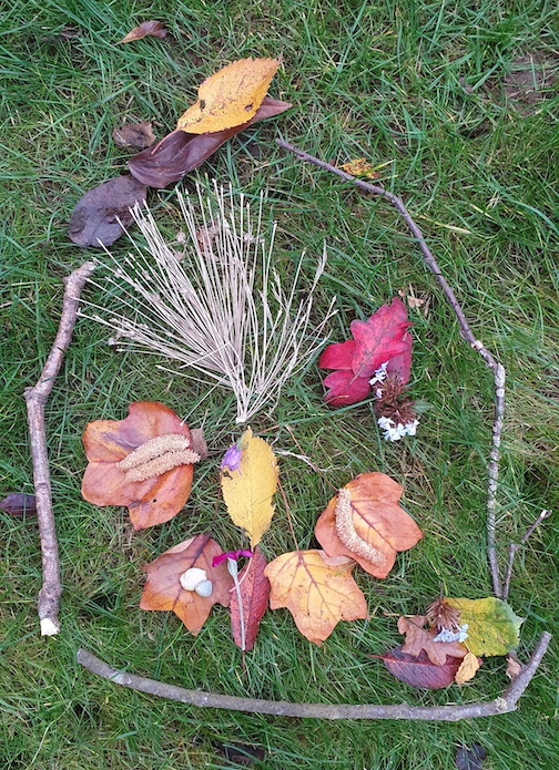 A transient art collection on a lawn: dried leaves, framed by twigs