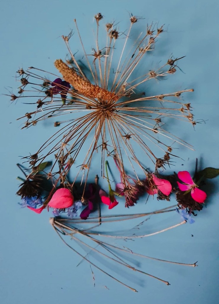 A transient art collection: dried flowers and fresh flowers